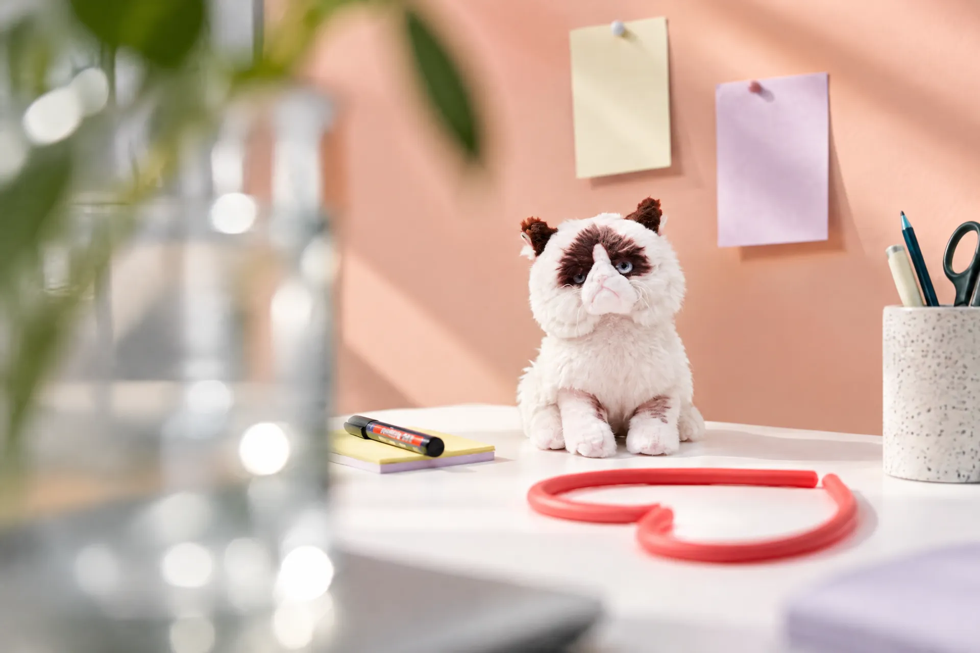 Stillleben mit Stoffkatze vor lachsfarbener Wand